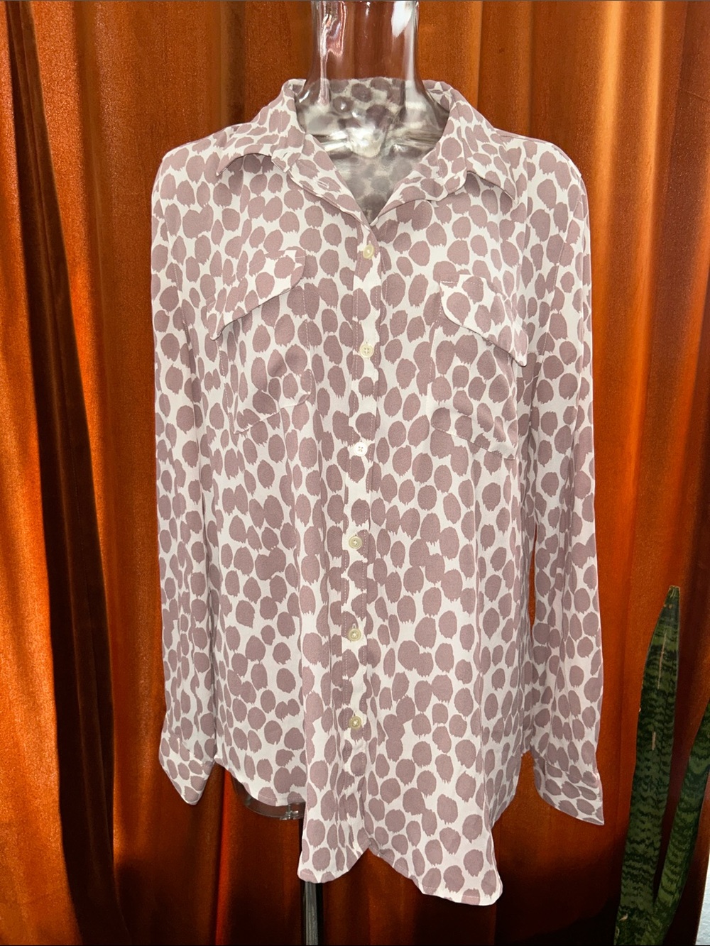 LOFT Mauve Dot Print Button-Front Blouse